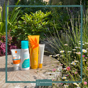 Oestrogen gel and a variety of suncreens outside in the sunny garden 